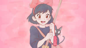 Kiki Flying On Her Broomstick With Jiji The Cat Wallpaper