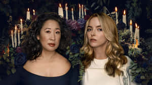 Killing Eve Lead Characters Floral Backdrop Wallpaper