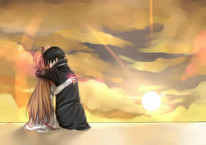 Kirito Hugging Asuna In Sunset Romance Anime Wallpaper