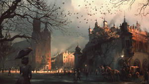 Krakow Main Square, Poland Spooky Digital Art Wallpaper