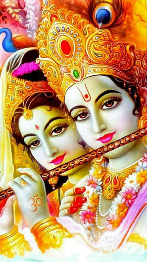 Krishna Bhagwan And Radha Playing Flute Together Wallpaper