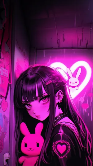 Kuromi Inspired Anime Girlwith Plushie Wallpaper