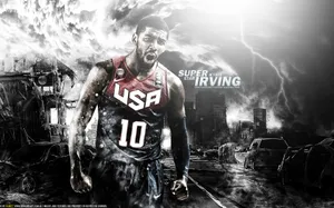 Kyrie Irving Shows Off His Signature Cool Style While Taking Off For The Hoop. Wallpaper