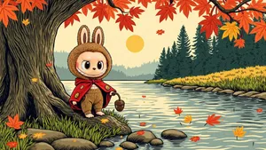 Labubu Autumn River Adventure Wallpaper