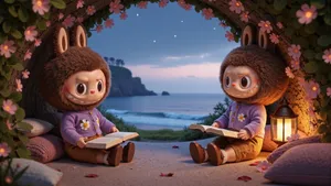 Labubu Reading By The Sea Wallpaper