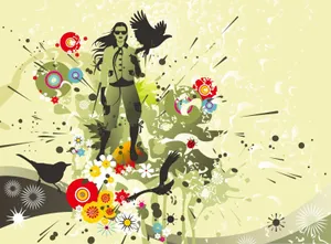 Lady And Birds Art Deco Wallpaper