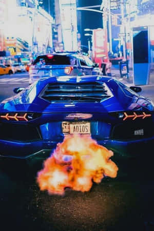 Lamborghini Aventador Exhaust Flames Night City Wallpaper