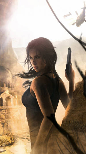 Lara Croft Iphone Holding Gun Wallpaper