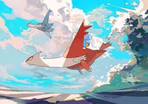 Latios And Latias Flying With Huge Wave Wallpaper