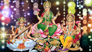 Laxmi Ganesh Saraswat Colorful Lights Wallpaper