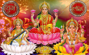 Laxmi Ganesh Saraswat Floral Art Wallpaper