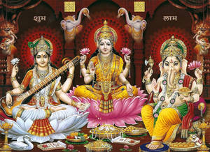 Laxmi Ganesh Saraswat Food Offerings Wallpaper