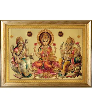 Laxmi Ganesh Saraswat Golden Rack Wallpaper