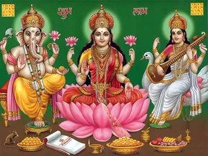 Laxmi Ganesh Saraswat Pink Lotus Wallpaper