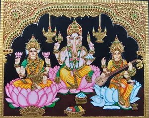 Laxmi Ganesh Saraswati Golden Frame Wallpaper