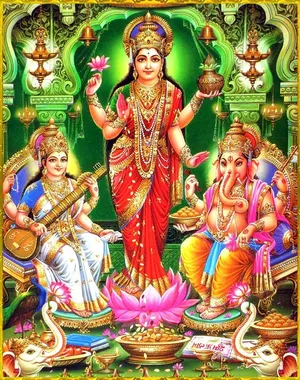 Laxmi Ganesh Saraswati Neon Green Temple Wallpaper