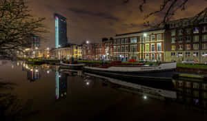 Leeuwarden Nighttime Waterfront Reflection Wallpaper