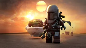 Lego Mandalorianand Grogu Sunset Adventure Wallpaper