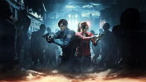 Leon And Claire Brave The Elements In Resident Evil 2 Wallpaper