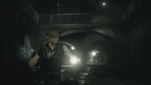 Leon Kennedy Protects Himself From A Zombie In Resident Evil 2 Wallpaper