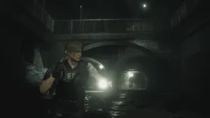 Leon Kennedy Protects Himself From A Zombie In Resident Evil 2 Wallpaper