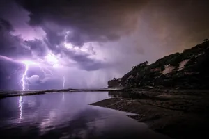 Light Purple Lightning Over Water Wallpaper