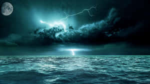 Lightning_ Storm_ Over_ Ocean_with_ Moon Wallpaper