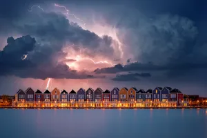 Lightning Strike Over Waterfront Houses Wallpaper