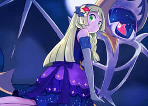 Lillie Wearing Gown With Lunala Wallpaper