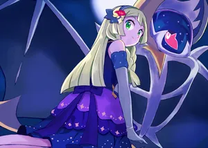Lillie Wearing Gown With Lunala Wallpaper