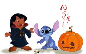 Lilo, Stitch, And Halloween Pumpkin Wallpaper