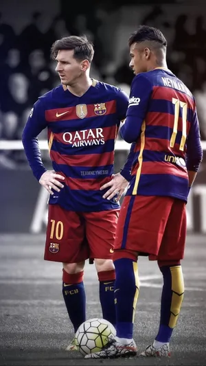 Lionel Messi And Neymar Jr., Two Of The Greatest Soccer Players In History And Long-time Teammates. Wallpaper