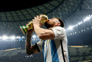 Lionel Messi Kissing World Cup Trophy Wallpaper