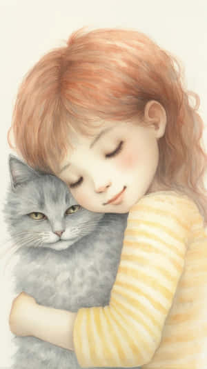 Little Girl Embracing Cat Illustration Wallpaper