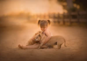 Little Girl Embracing Dogat Sunset Wallpaper