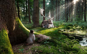 Little Girl Hiding In Green Forest Wallpaper