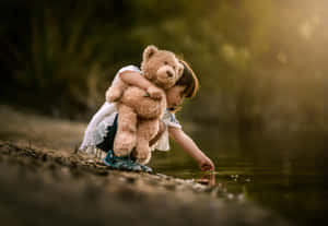 Little Girland Teddy Bearby Riverbank Wallpaper