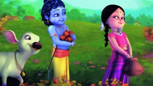 Little Krishna In Apple Farm Wallpaper