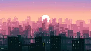 Live Aesthetic Sunrise Cityscape Pixel Art Wallpaper