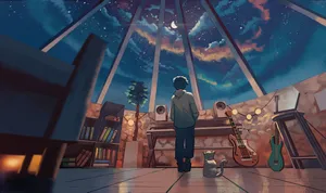Lo Fi Anime Chill Man And Cat In Music Room Wallpaper