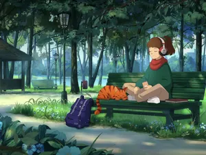 Lofi_ Girl_ Relaxing_in_ Park_with_ Cat.jpg Wallpaper