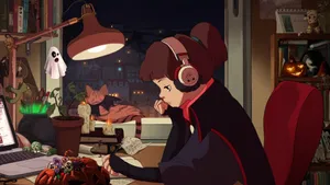 Lofi_ Girl_ Studying_ Halloween_ Theme Wallpaper