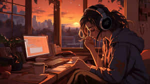 Lofi Girl Studyingat Sunset Wallpaper