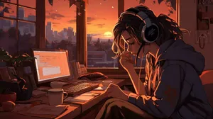 Lofi Girl Studyingat Sunset Wallpaper