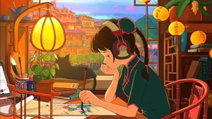 Lofi Girl Studyingwith Cat Wallpaper