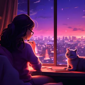 Lofi Girl Studyingwith Catat Sunset Wallpaper