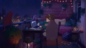 Lofi Girl Studyingwith Caton Balcony Wallpaper