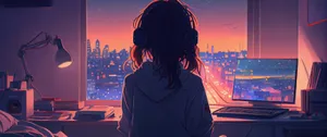 Lofi Girl Studyingwith City View Wallpaper