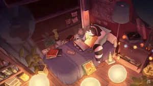 Lofi Raccoon Aesthetic Anime Art Desktop Wallpaper