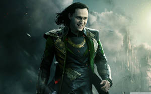 Loki Stands In A Backdrop Of A Battleground, His Majestic Cape Billowing In The Wind Wallpaper